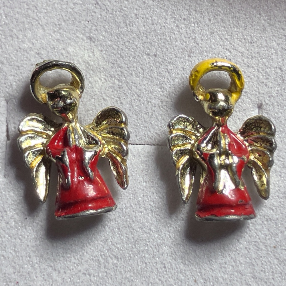 Vintage Angel Stud Earrings Red & Yellow Enamel Silver Tone Christmas 1980s